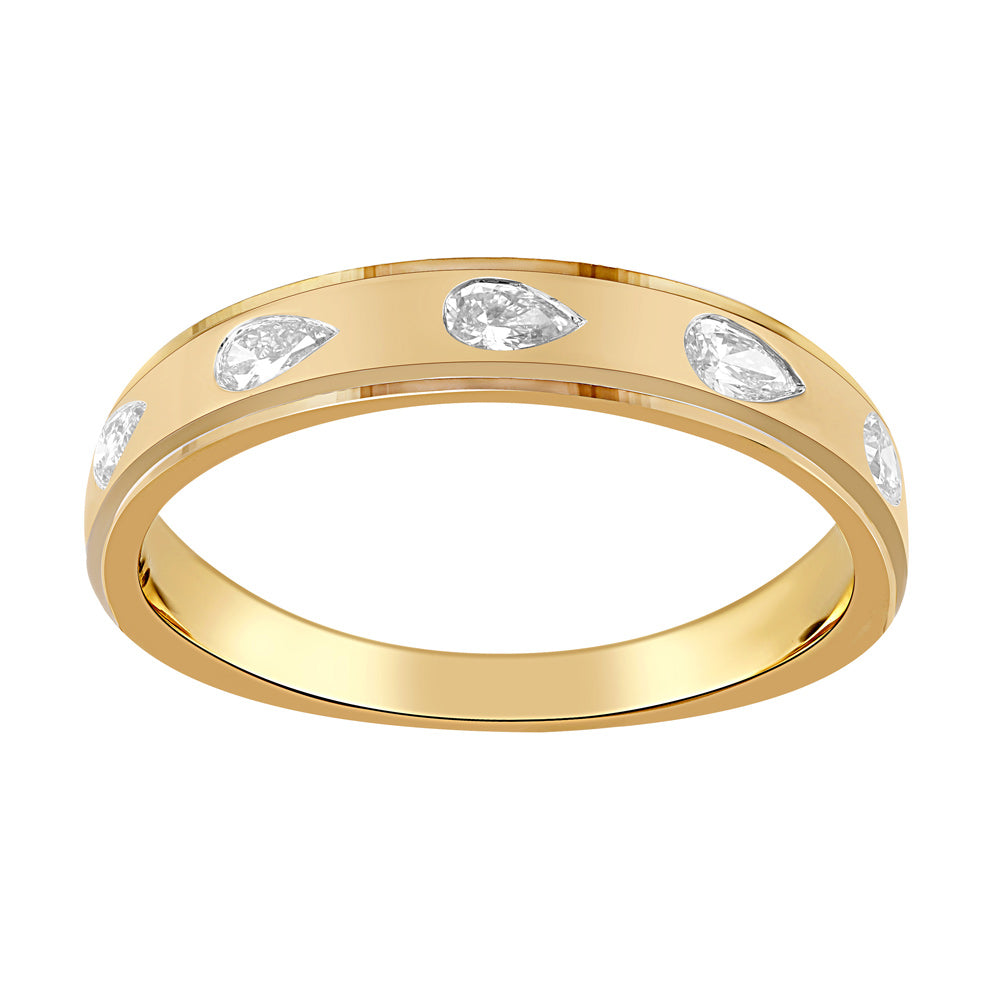 This Fashion Ring is available in 14K Yellow Gold. There are a total of 5 stones. There are Pear Shape with a total carat weight of 0.26 set in a  setting.