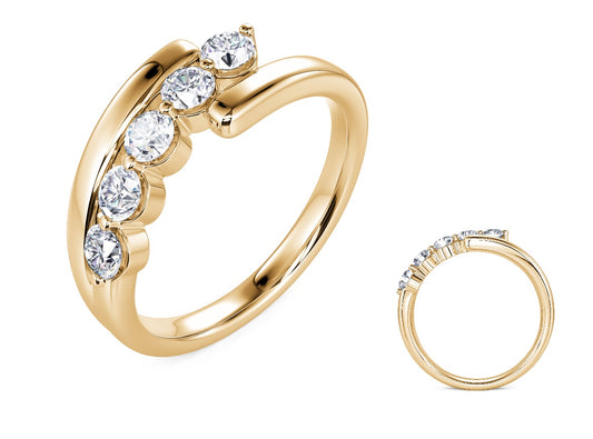This Fashion Ring is available in 14K Yellow Gold. There are a total of 5 stones. There are Rounds with a total carat weight of 0.4 set in a Prong Set setting.