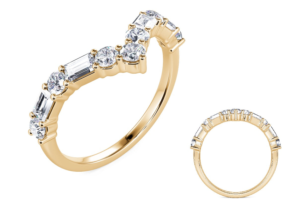 This Fashion Ring is available in 14K Yellow Gold. There are a total of 11 stones. There are Baguette with a total carat weight of 0.34 set in a  setting.There are Rounds stones with a total carat weight of 0.36 set in a .