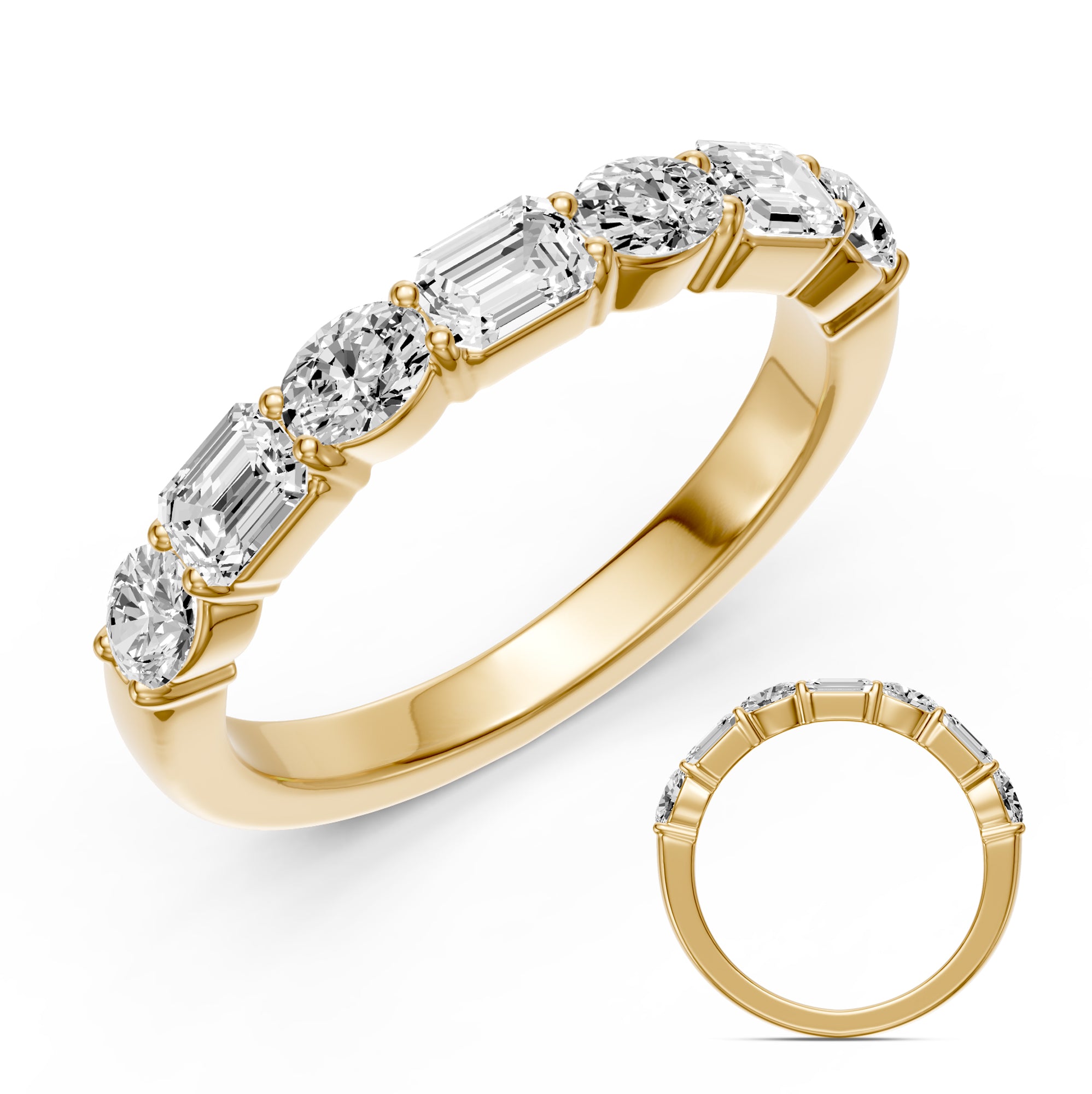 This Band is available in 14K Yellow Gold. There are a total of 7 stones. There are Emerald Cut with a total carat weight of 0.65 set in a  setting.There are Oval stones with a total carat weight of 0.62 set in a .