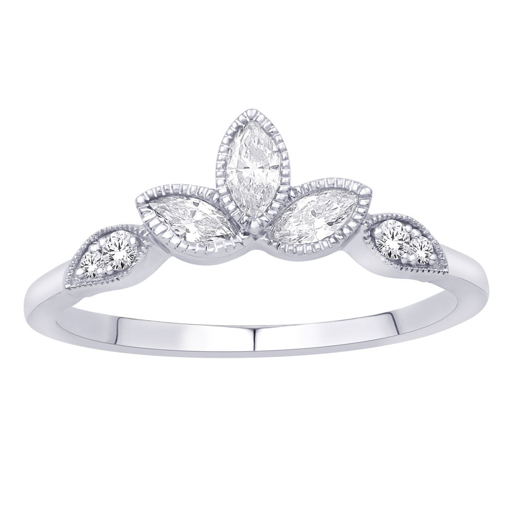 This Fashion Ring is available in 14K White Gold. There are a total of 7 stones. There are Marquise with a total carat weight of 0.2 set in a Bezel Set|Prong Set setting.There are Rounds stones with a total carat weight of 0.05 set in a Bezel Set|Prong Set.