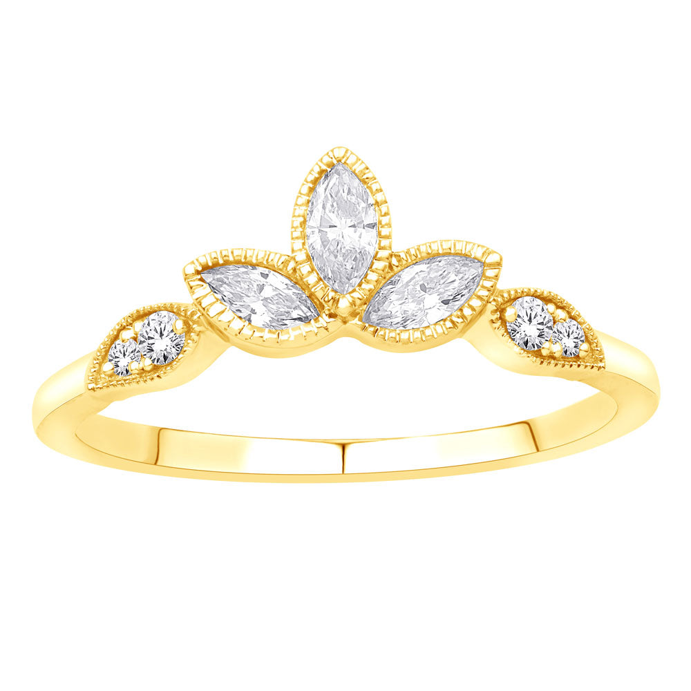 This Fashion Ring is available in 14K Yellow Gold. There are a total of 7 stones. There are Marquise with a total carat weight of 0.2 set in a Bezel Set|Prong Set setting.There are Rounds stones with a total carat weight of 0.05 set in a Bezel Set|Prong Set.