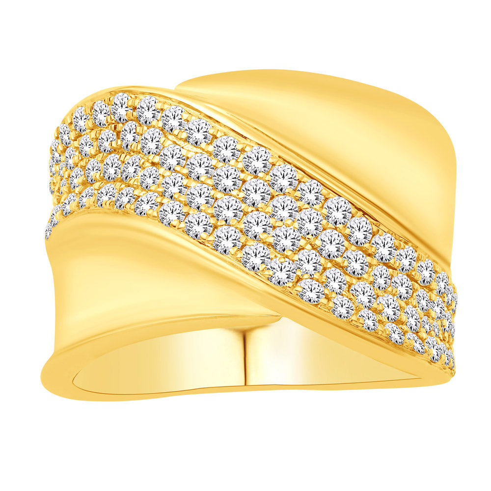 This Fashion Ring is available in 14K Yellow Gold. There are a total of 96 stones. There are Rounds with a total carat weight of 1.16 set in a Micro Prong setting.