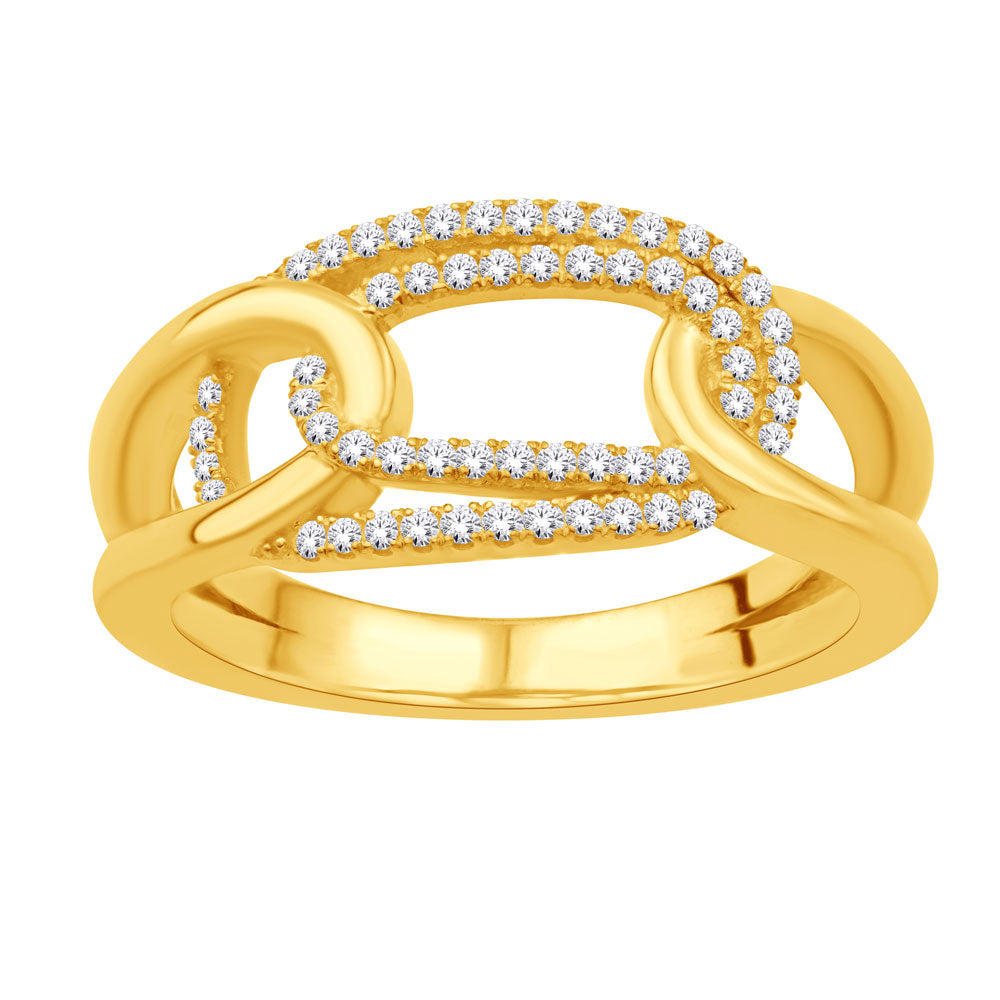 This Fashion Ring is available in 14K Yellow Gold. There are a total of 56 stones. There are Rounds with a total carat weight of 0.21 set in a Micro Prong setting.