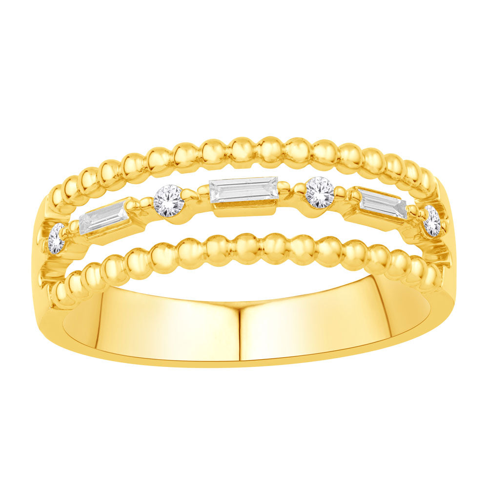 This Fashion Ring is available in 14K Yellow Gold. There are a total of 7 stones. There are Baguette with a total carat weight of 0.06 set in a Shared Prongs setting.There are Rounds stones with a total carat weight of 0.07 set in a Shared Prongs.