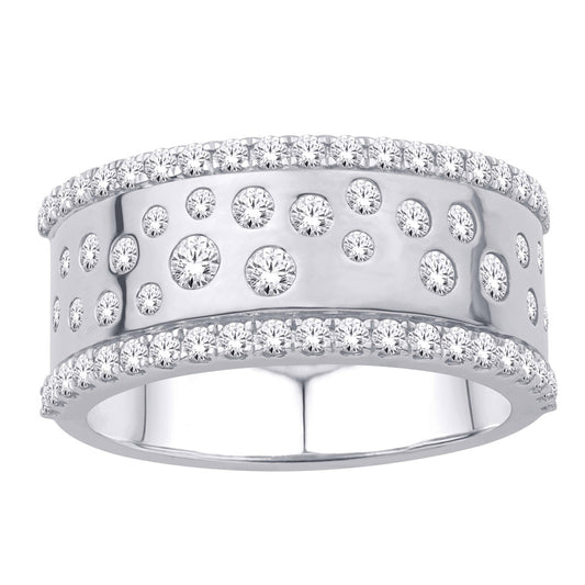 This Fashion Ring is available in 14K White Gold. There are a total of 65 stones. There are Rounds with a total carat weight of 0.92 set in a Bezel Set|Micro Prong setting.