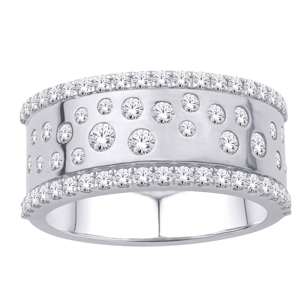 This Fashion Ring is available in 14K White Gold. There are a total of 65 stones. There are Rounds with a total carat weight of 0.92 set in a Bezel Set|Micro Prong setting.