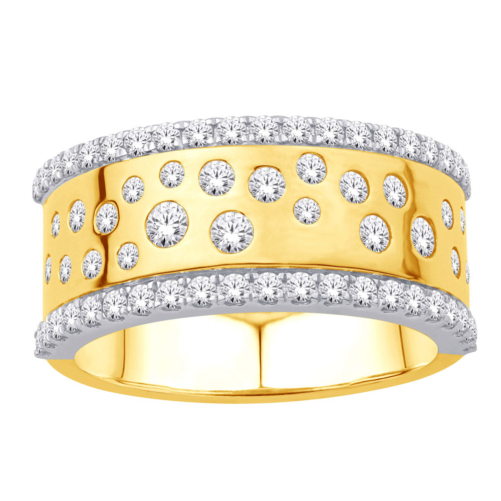 This Fashion Ring is available in 14K Yellow & White Gold. There are a total of 65 stones. There are Rounds with a total carat weight of 0.92 set in a Bezel Set|Micro Prong setting.