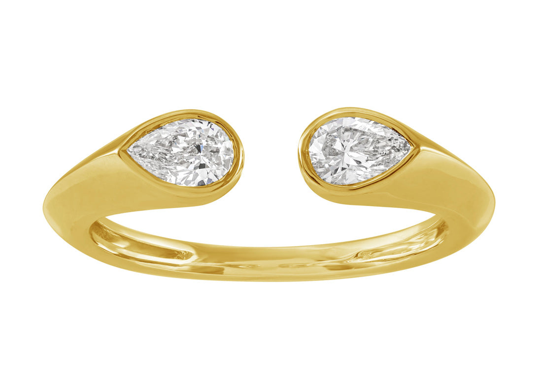 This Fashion Ring is available in 14K Yellow Gold. There are a total of 2 stones. There are Pear Shape with a total carat weight of 0.39 set in a Bezel Set setting.