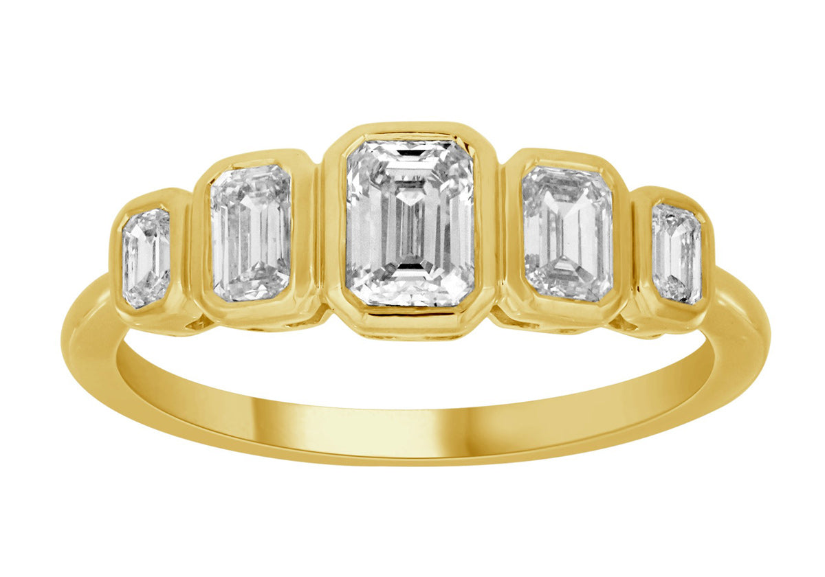 This Fashion Ring is available in 14K Yellow Gold. There are a total of 5 stones. There are Emerald Cut with a total carat weight of 0.96 set in a Bezel Set setting.