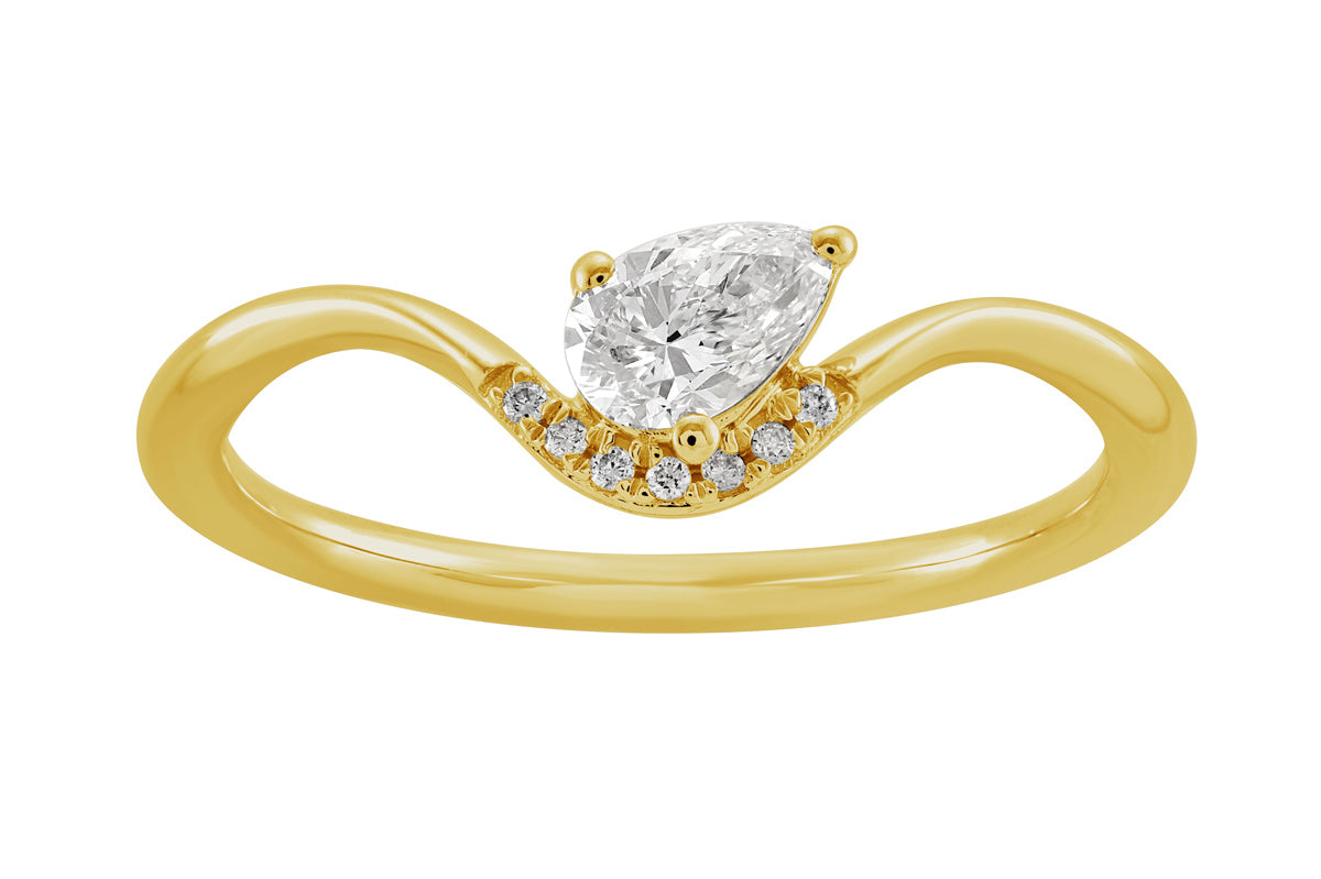 This Fashion Ring is available in 14K Yellow Gold. There are a total of 8 stones. There are Pear Shape with a total carat weight of 0.28 set in a Micro Prong|Prong Set setting.There are Rounds stones with a total carat weight of 0.04 set in a Micro Prong|Prong Set.