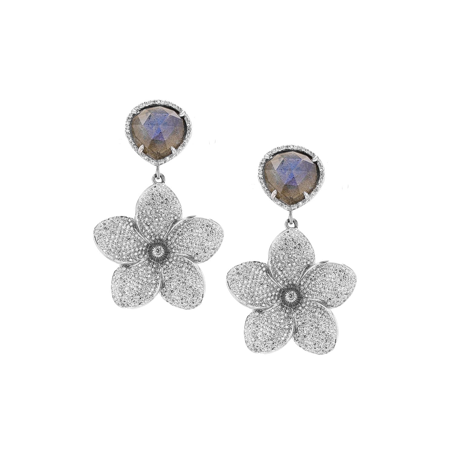 Diamond Plumeria Flower Earrings with Labradorite Posts  E0000113 - TBird