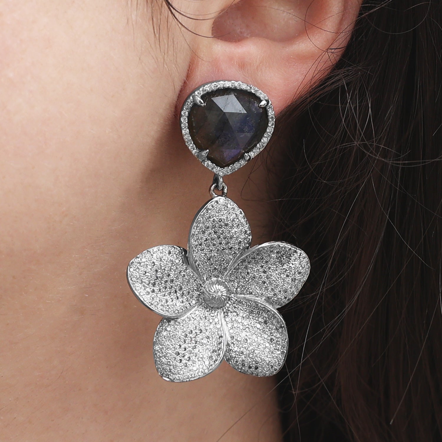 Diamond Plumeria Flower Earrings with Labradorite Posts  E0000113 - TBird