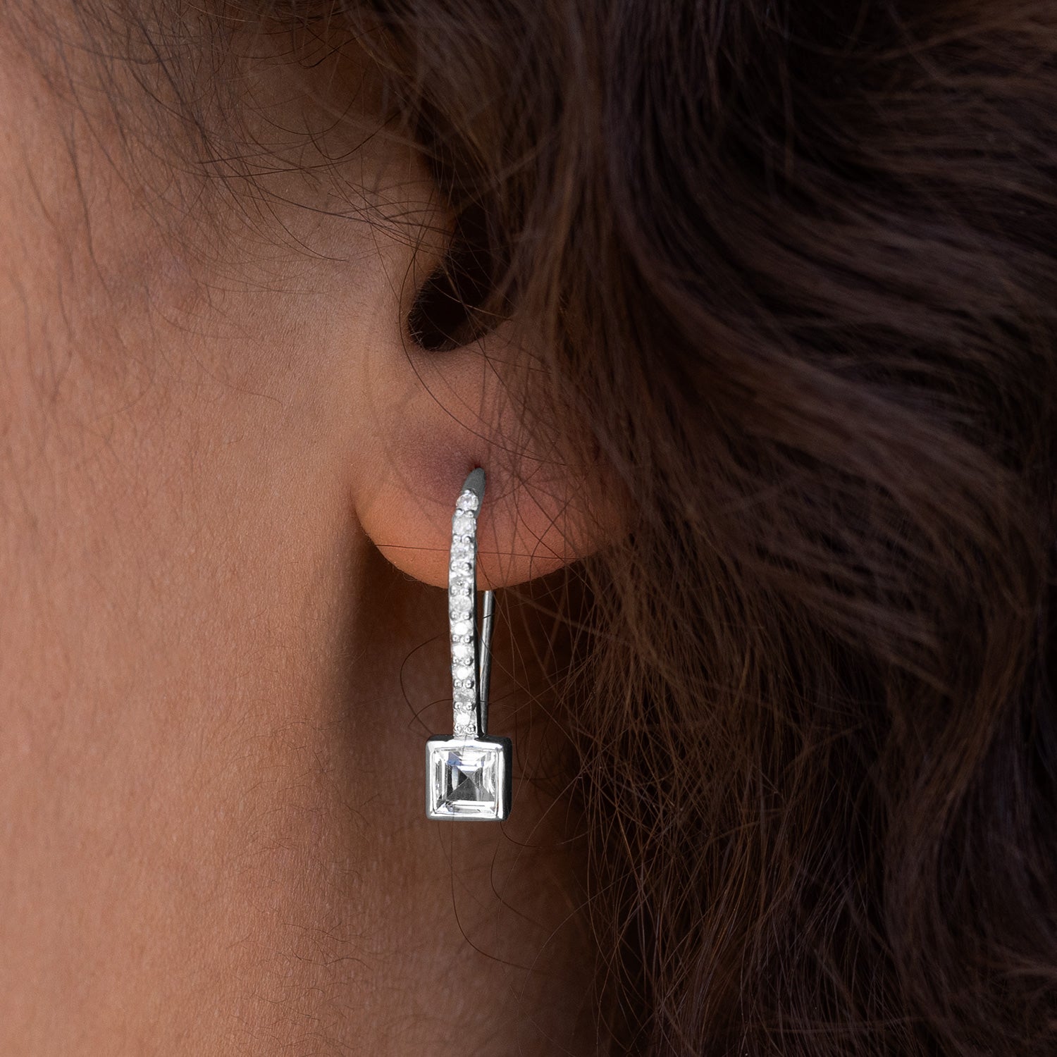 White Topaz Princess Cut on French Hooks Earrings