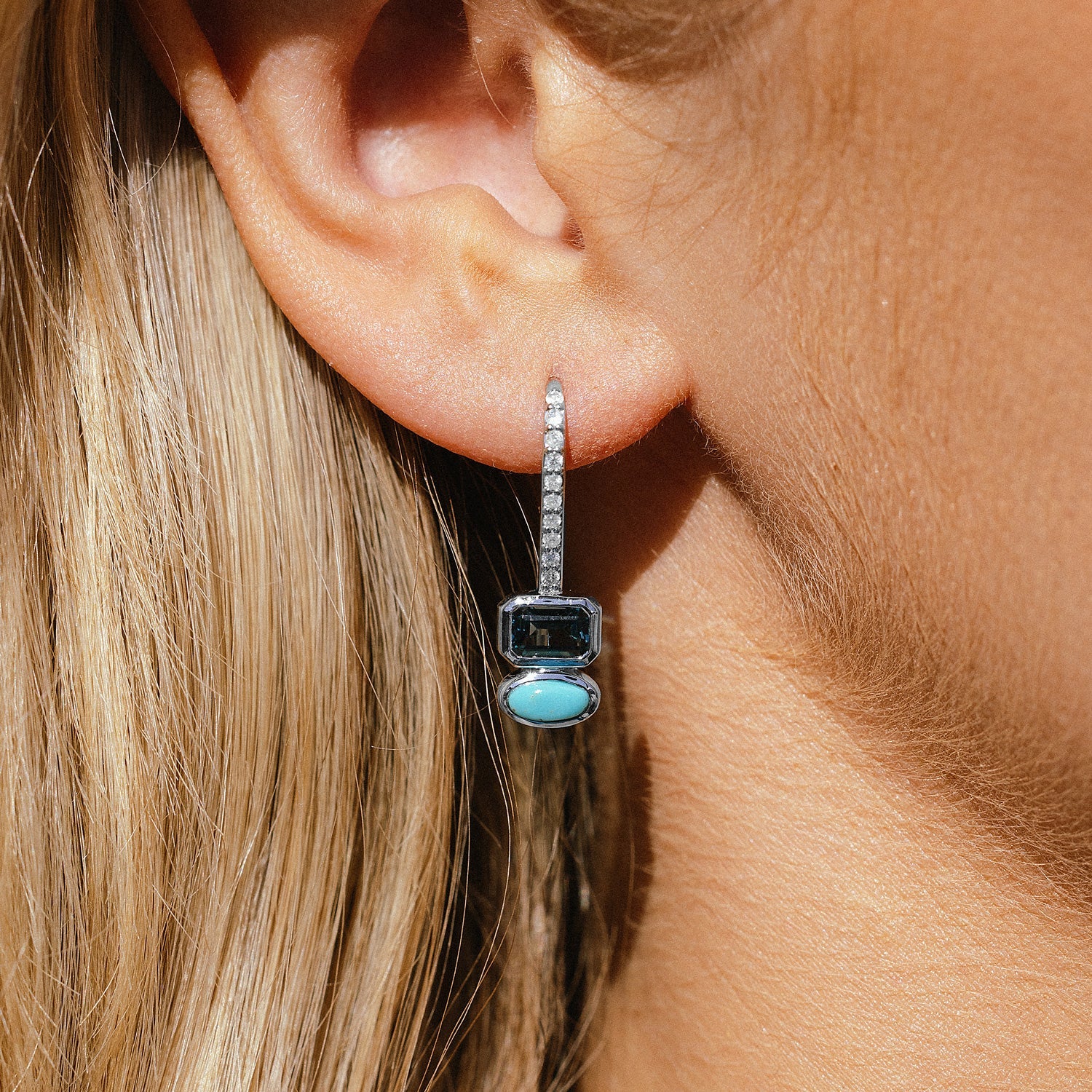 Two Stone Earrings on Diamond French Hooks - London Blue Topaz & Turquoise