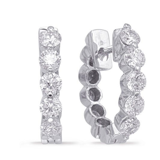 This Earring is available in 14K White Gold. There are a total of 10 stones. There are Rounds with a total carat weight of 1 set in a Prong Set|Shared Prongs setting.