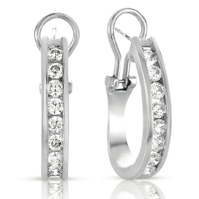This Earring is available in 14K White Gold. There are a total of 18 stones. There are Rounds with a total carat weight of 1.5 set in a Channel Set setting.