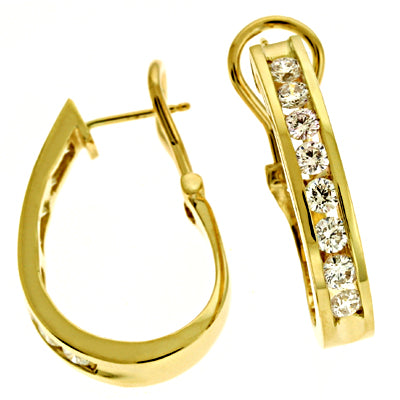This Earring is available in 14K Yellow Gold. There are a total of 18 stones. There are Rounds with a total carat weight of 1.5 set in a Channel Set setting.