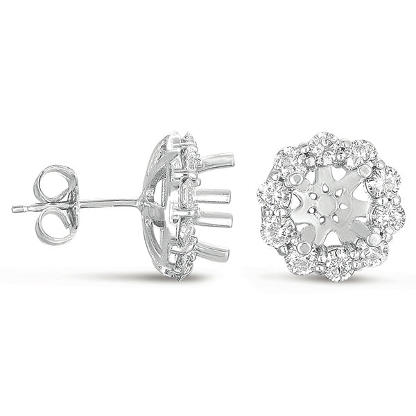 This Earring is available in 14K White Gold. There are a total of 20 stones. There are Rounds with a total carat weight of 0.98 set in a Prong Set setting.