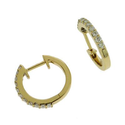 This Earring is available in 14K Yellow Gold. There are a total of 22 stones. There are Rounds with a total carat weight of 0.41 set in a Micro Prong setting.