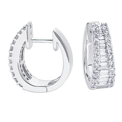 This Earring is available in 14K White Gold. There are a total of 72 stones. There are Baguette with a total carat weight of 0.39 set in a Channel Set|Micro Prong setting.There are Rounds stones with a total carat weight of 0.54 set in a Channel Set|Micro Prong.