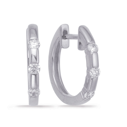 This Earring is available in 14K White Gold. There are a total of 6 stones. There are Rounds with a total carat weight of 0.27 set in a Channel Set setting.