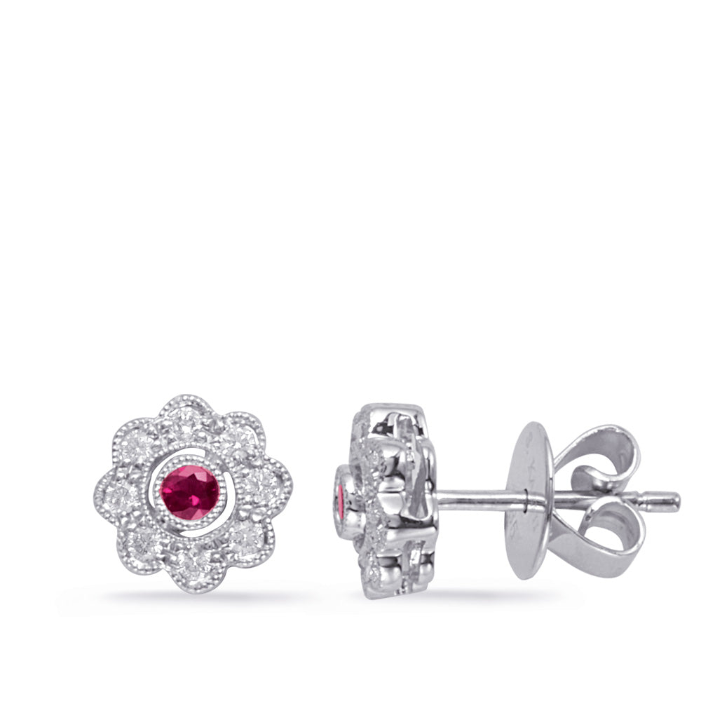 This Earring is available in 14K White Gold. There are a total of 18 stones. There are Rounds with a total carat weight of 0.2 set in a  setting.There are Ruby stones with a total carat weight of 0.11 set in a .