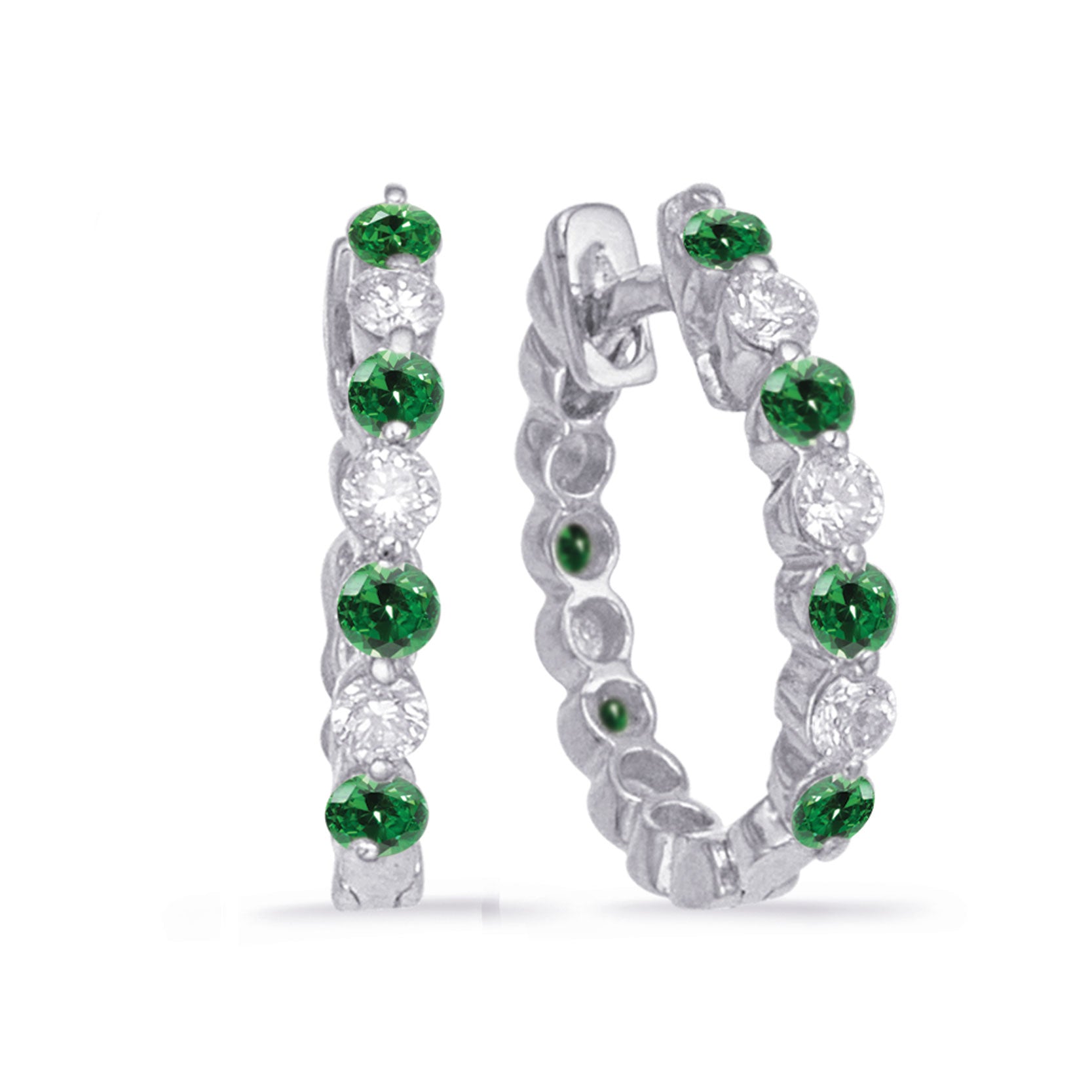 This Earring is available in 14K White Gold. There are a total of 14 stones. There are Emerald with a total carat weight of 0.21 set in a Prong Set setting.There are Rounds stones with a total carat weight of 0.13 set in a Prong Set.
