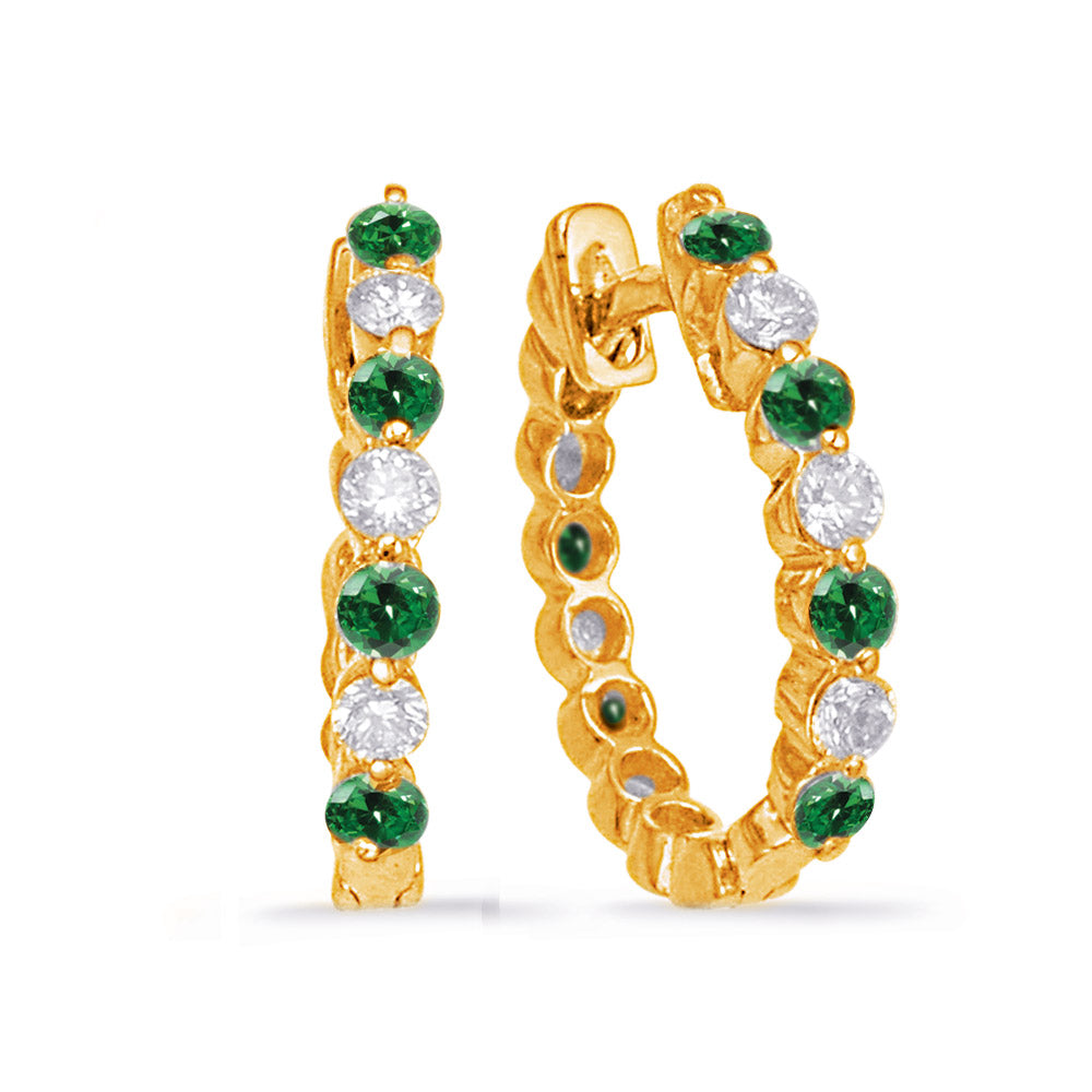 This Earring is available in 14K Yellow Gold. There are a total of 14 stones. There are Emerald with a total carat weight of 0.21 set in a Prong Set setting.There are Rounds stones with a total carat weight of 0.13 set in a Prong Set.