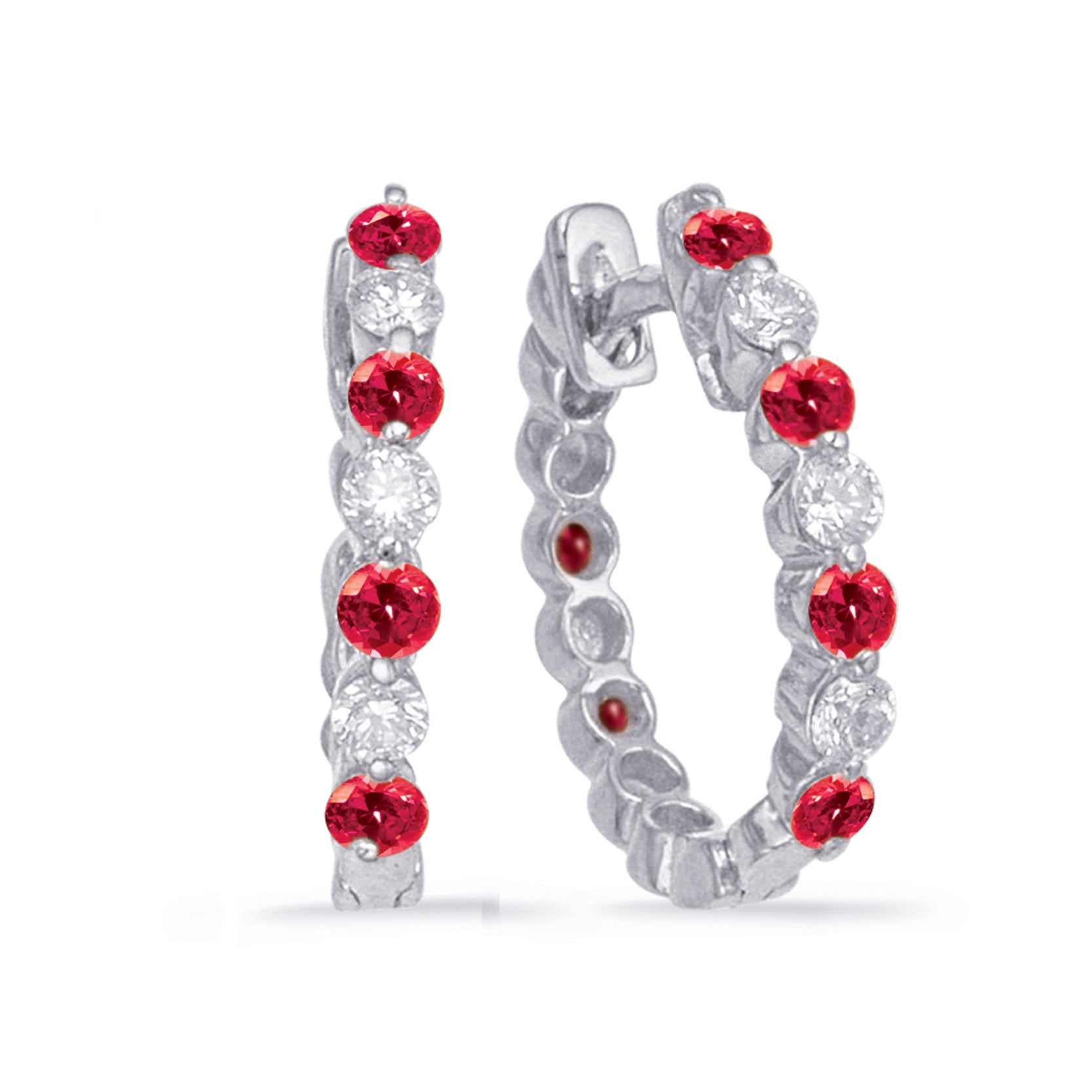 This Earring is available in 14K White Gold. There are a total of 14 stones. There are Rounds with a total carat weight of 0.13 set in a Prong Set setting.There are Ruby stones with a total carat weight of 0.3 set in a Prong Set.