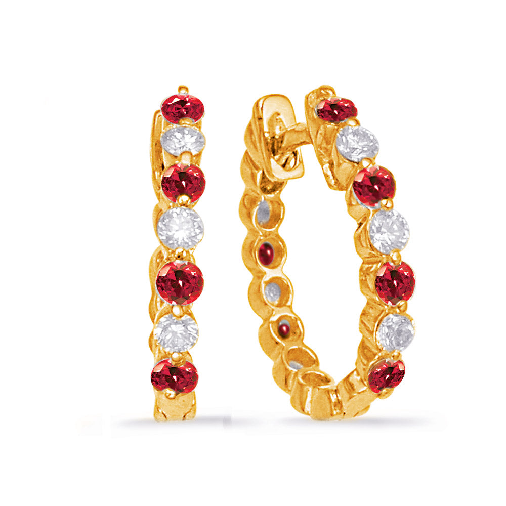 This Earring is available in 14K Yellow Gold. There are a total of 14 stones. There are Rounds with a total carat weight of 0.13 set in a Prong Set setting.There are Ruby stones with a total carat weight of 0.3 set in a Prong Set.