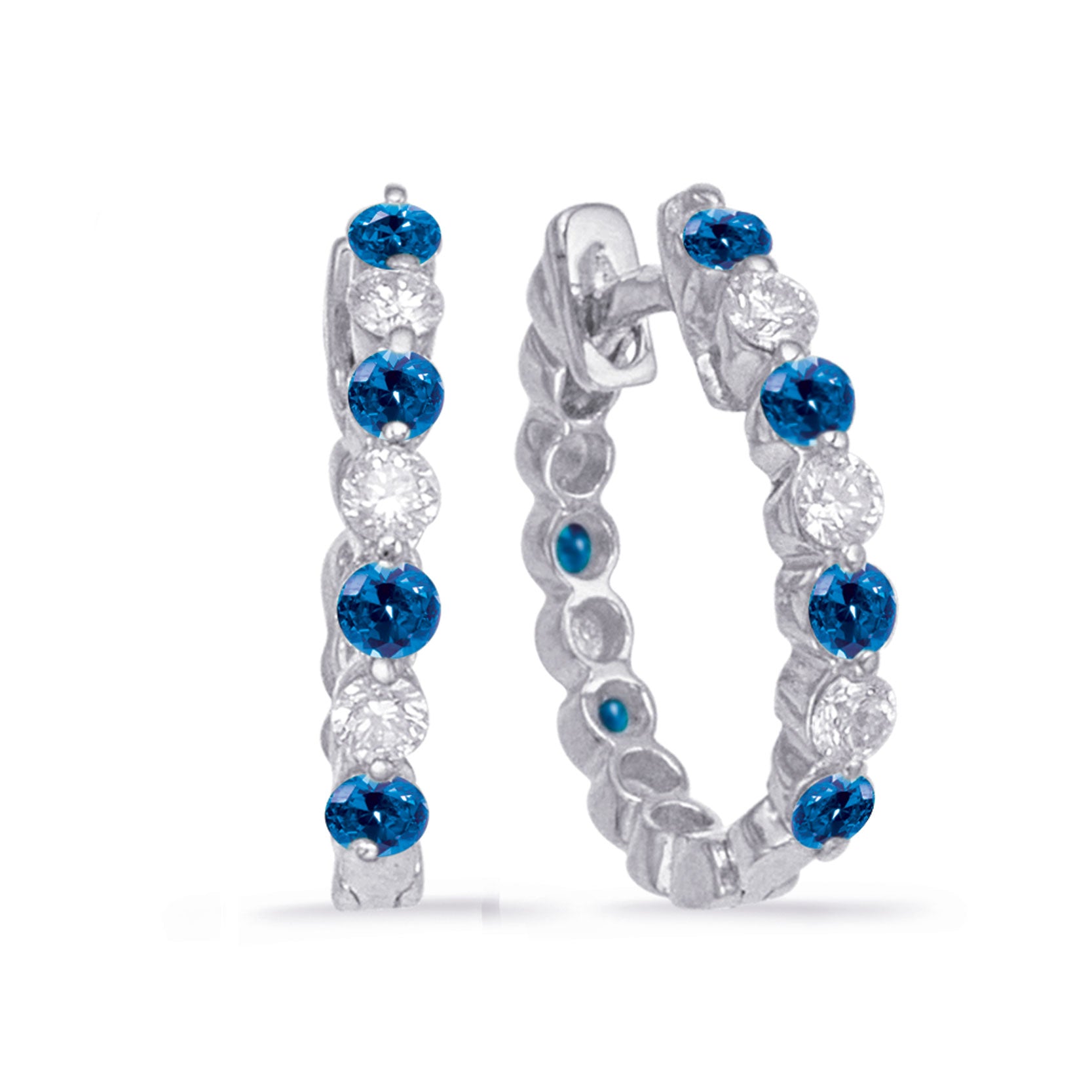 This Earring is available in 14K White Gold. There are a total of 14 stones. There are Rounds with a total carat weight of 0.13 set in a Prong Set setting.There are Sapphire stones with a total carat weight of 0.28 set in a Prong Set.