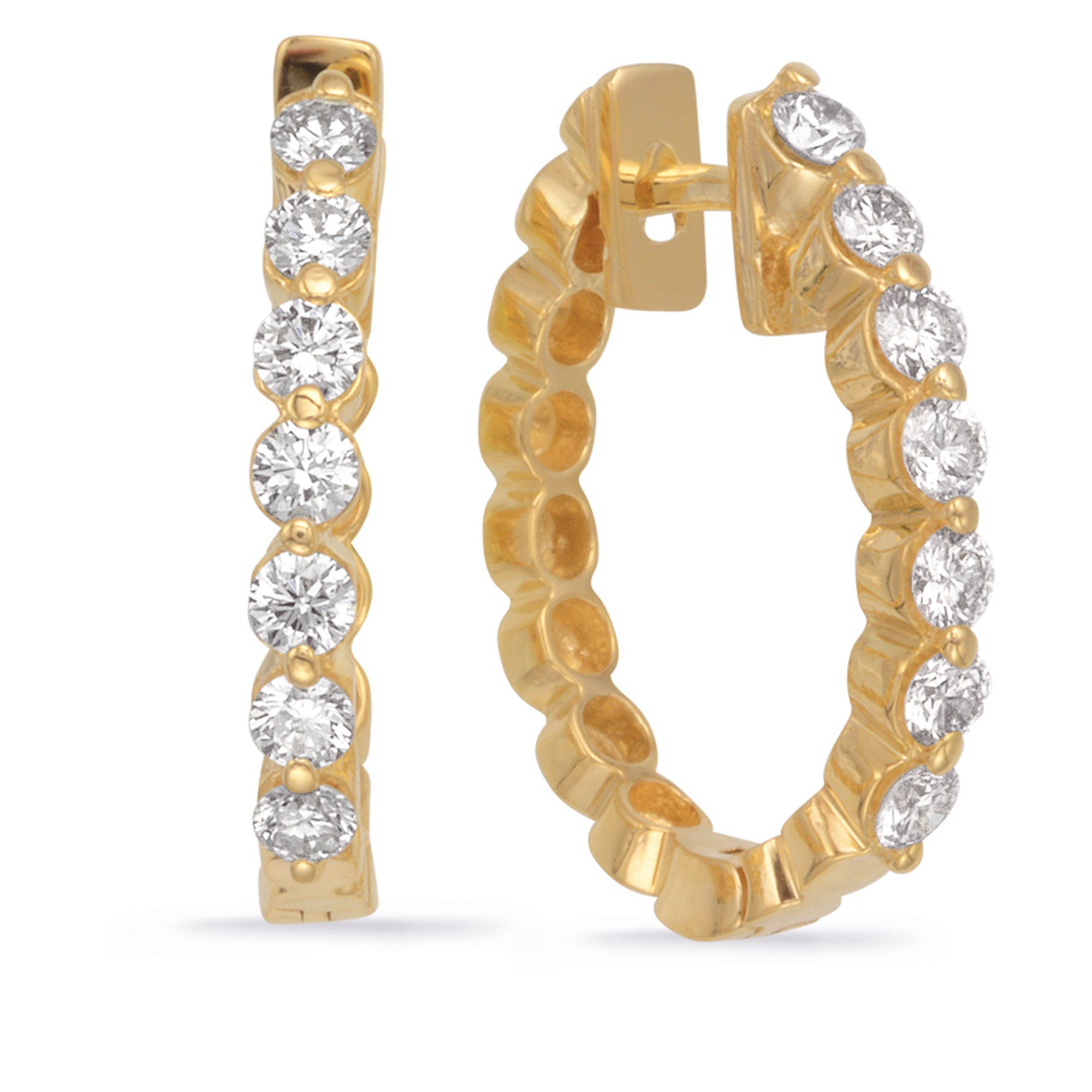 This Earring is available in 14K Yellow Gold. There are a total of 14 stones. There are Rounds with a total carat weight of 0.6 set in a  setting.
