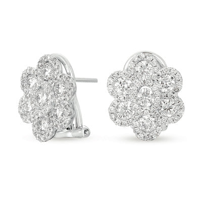 This Earring is available in 14K White Gold. There are a total of 134 stones. There are Rounds with a total carat weight of 2.08 set in a  setting.