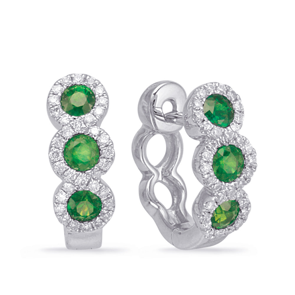 This Earring is available in 14K White Gold. There are a total of 74 stones. There are Emerald with a total carat weight of 0.39 set in a  setting.There are Rounds stones with a total carat weight of 0.2 set in a .