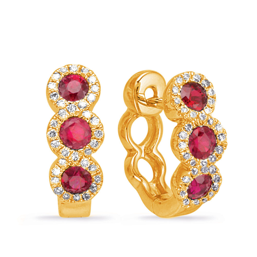 This Earring is available in 14K Yellow Gold. There are a total of 74 stones. There are Rounds with a total carat weight of 0.2 set in a  setting.There are Ruby stones with a total carat weight of 0.59 set in a .