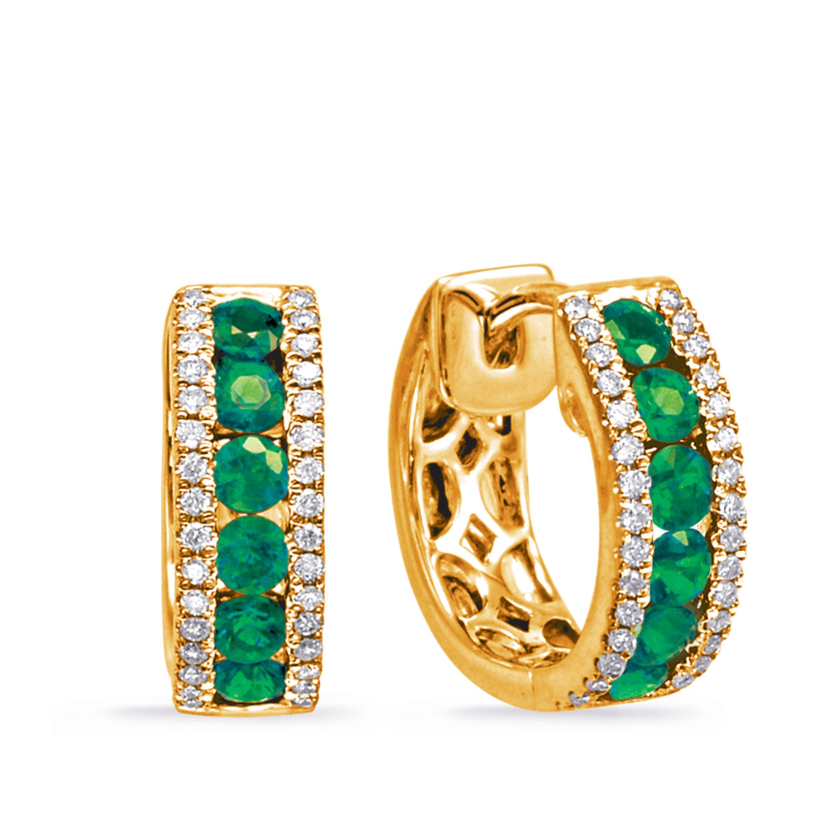 This Earring is available in 14K Yellow Gold. There are a total of 76 stones. There are Emerald with a total carat weight of 0.68 set in a Channel Set|Micro Prong setting.There are Rounds stones with a total carat weight of 0.16 set in a Channel Set|Micro Prong.