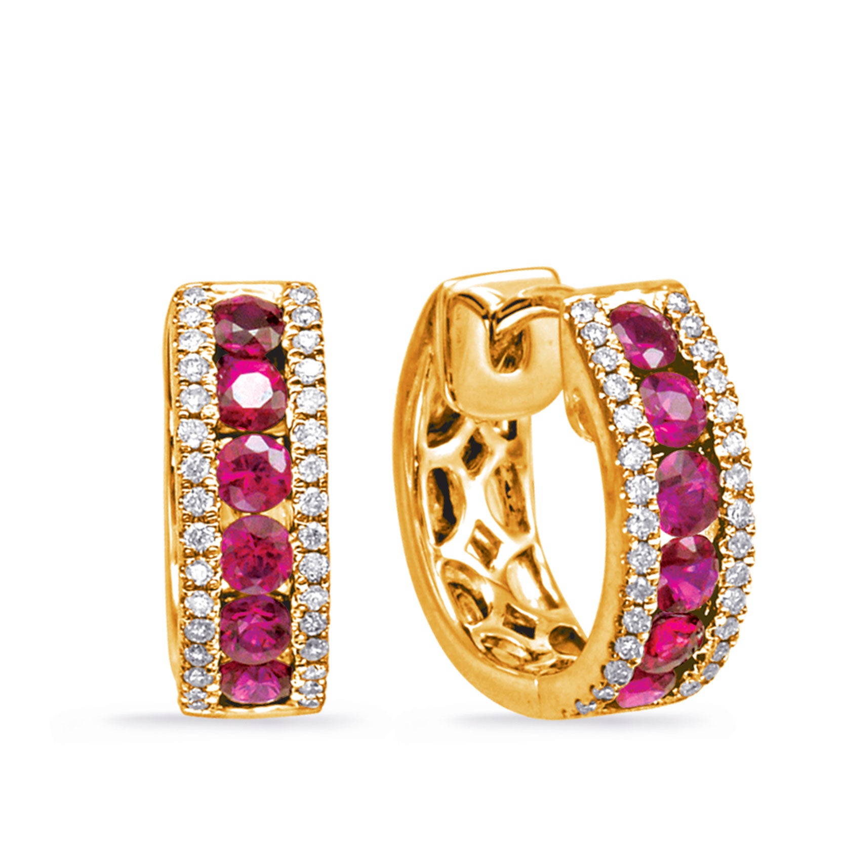 This Earring is available in 14K Yellow Gold. There are a total of 76 stones. There are Rounds with a total carat weight of 0.16 set in a Channel Set|Micro Prong setting.There are Ruby stones with a total carat weight of 0.81 set in a Channel Set|Micro Prong.