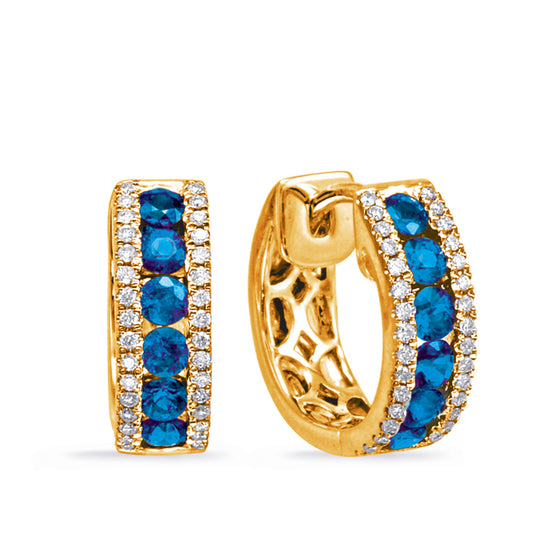 This Earring is available in 14K Yellow Gold. There are a total of 76 stones. There are Rounds with a total carat weight of 0.16 set in a Channel Set|Micro Prong setting.There are Sapphire stones with a total carat weight of 0.88 set in a Channel Set|Micro Prong.