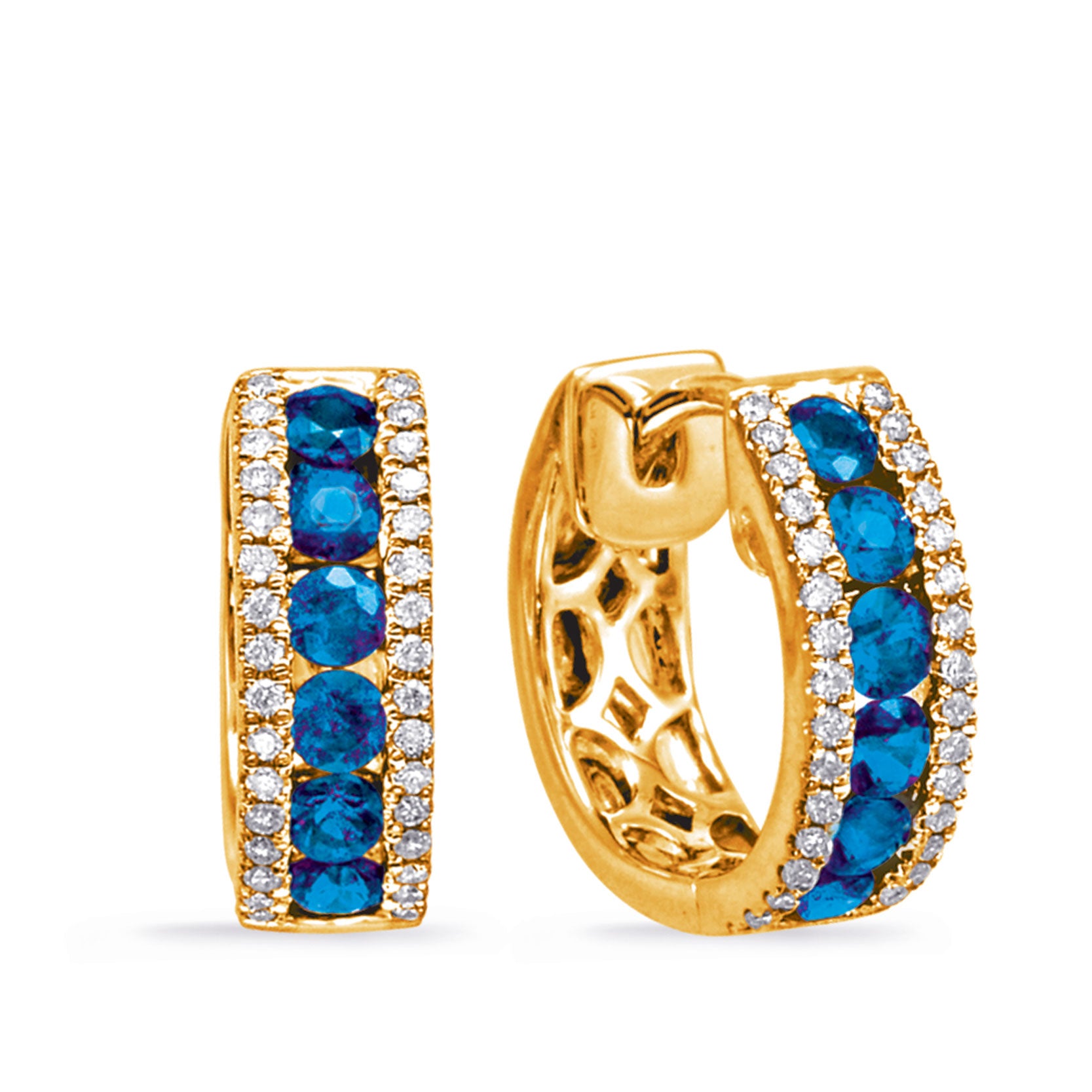 This Earring is available in 14K Yellow Gold. There are a total of 76 stones. There are Rounds with a total carat weight of 0.16 set in a Channel Set|Micro Prong setting.There are Sapphire stones with a total carat weight of 0.88 set in a Channel Set|Micro Prong.
