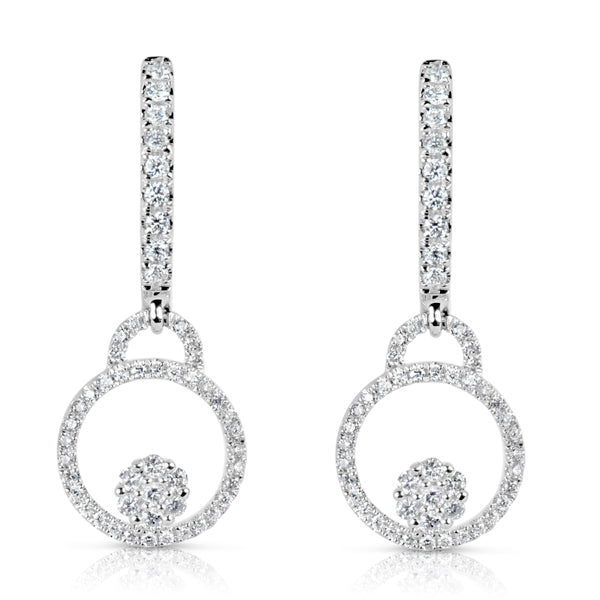 This Earring is available in 14K White Gold. There are a total of 104 stones. There are Rounds with a total carat weight of 0.49 set in a Micro Prong setting.