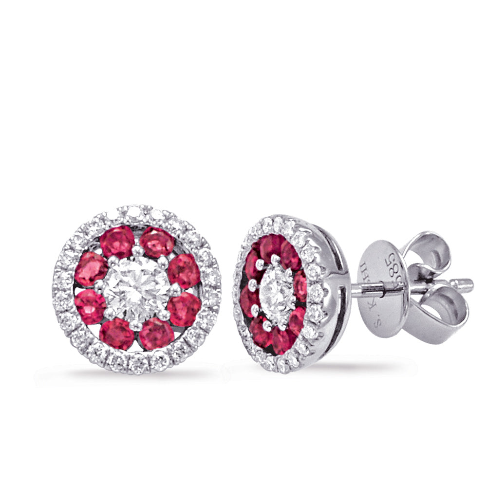 This Earring is available in 14K White Gold. There are a total of 62 stones. There are Rounds with a total carat weight of 0.5 set in a Channel Set|Micro Prong|Prong Set setting.There are Ruby stones with a total carat weight of 0.44 set in a Channel Set|Micro Prong|Prong Set.