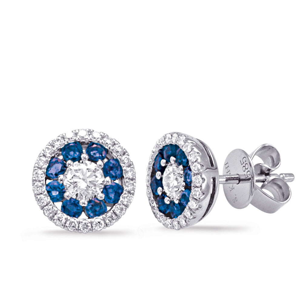 This Earring is available in 14K White Gold. There are a total of 62 stones. There are Rounds with a total carat weight of 0.5 set in a Channel Set|Micro Prong|Prong Set setting.There are Sapphire stones with a total carat weight of 0.48 set in a Channel Set|Micro Prong|Prong Set.