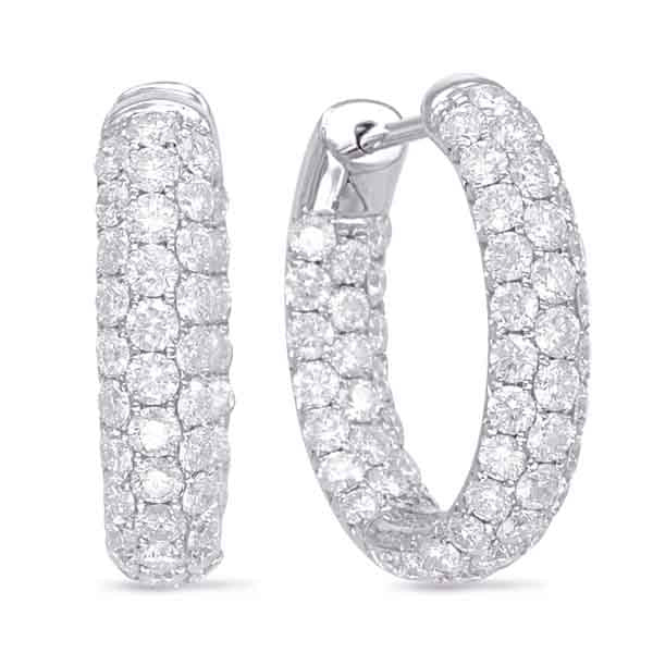 This Earring is available in 14K White Gold. There are a total of 122 stones. There are Rounds with a total carat weight of 3 set in a Micro Pave setting.