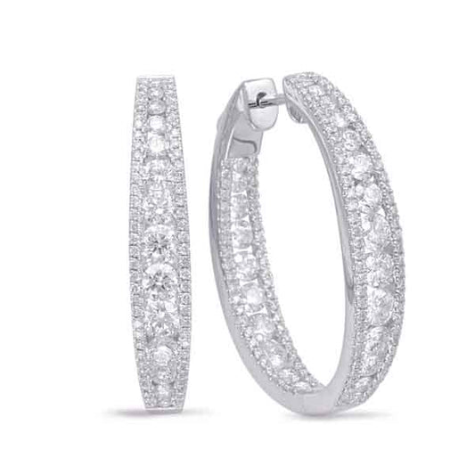 This Earring is available in 14K White Gold. There are a total of 280 stones. There are Rounds with a total carat weight of 3.75 set in a Channel Set|Micro Prong setting.