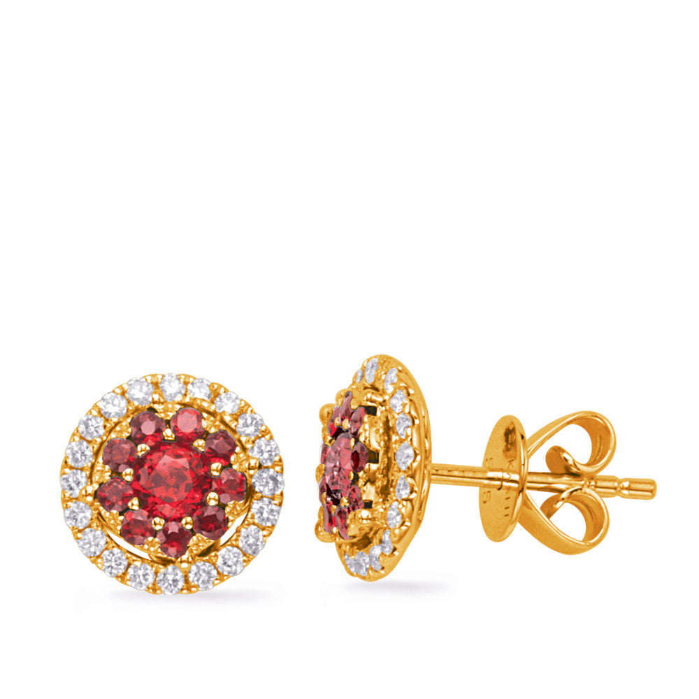 This Earring is available in 14K Yellow Gold. There are a total of 60 stones. There are Rounds with a total carat weight of 0.29 set in a Micro Prong|Prong Set setting.There are Ruby stones with a total carat weight of 0.84 set in a Micro Prong|Prong Set.