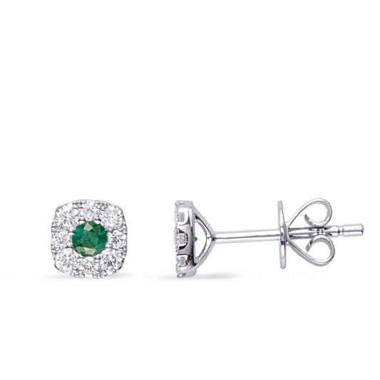 This Earring is available in 14K White Gold. There are a total of 18 stones. There are Emerald with a total carat weight of 0.13 set in a Micro Prong setting.There are Rounds stones with a total carat weight of 0.25 set in a Micro Prong.