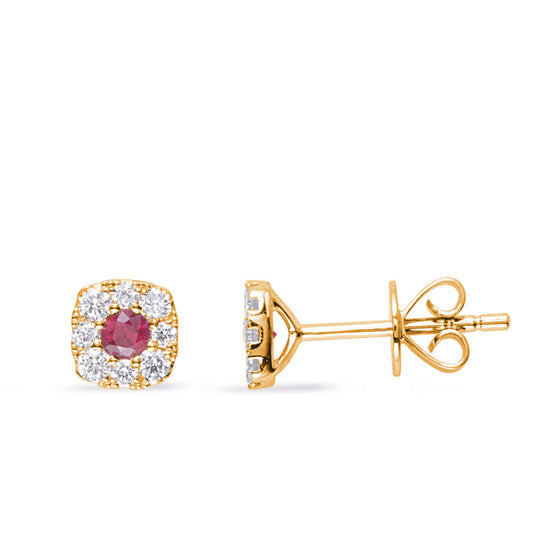 This Earring is available in 14K Yellow Gold. There are a total of 18 stones. There are Rounds with a total carat weight of 0.25 set in a Micro Prong setting.There are Ruby stones with a total carat weight of 0.17 set in a Micro Prong.