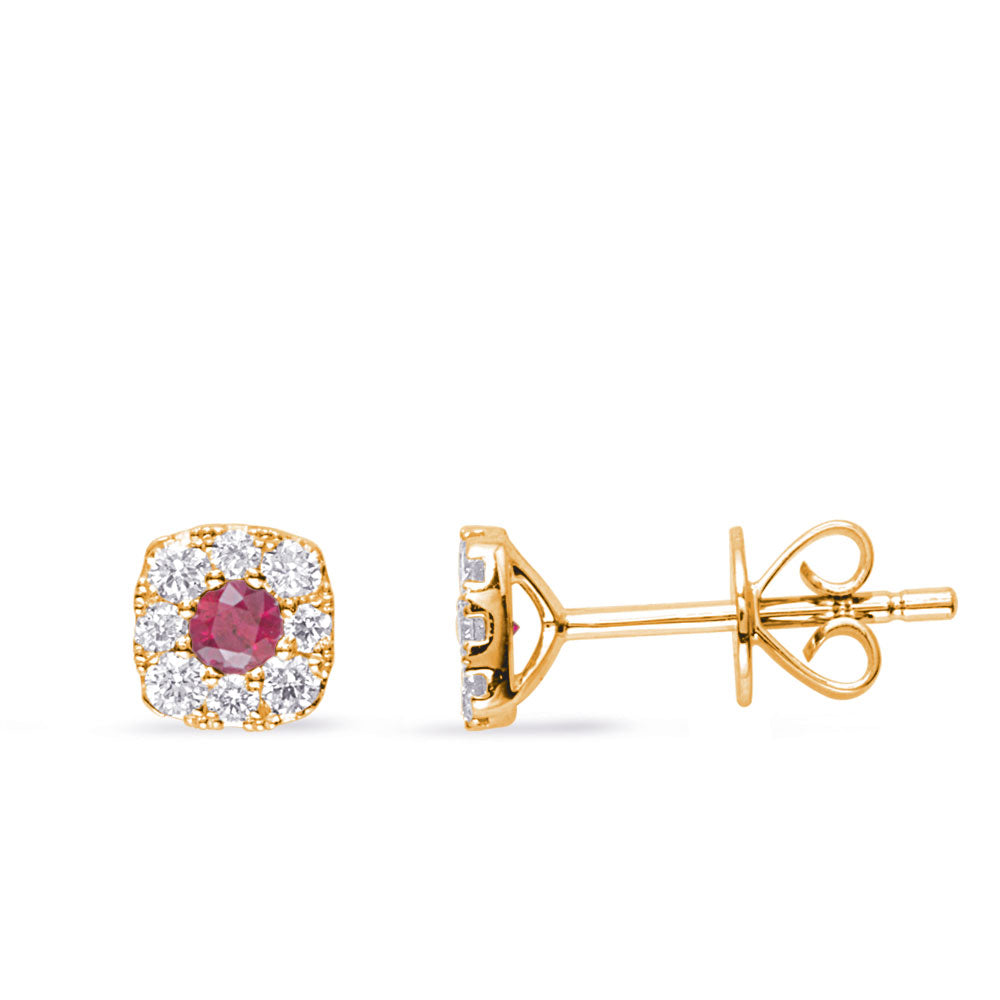 This Earring is available in 14K Yellow Gold. There are a total of 18 stones. There are Rounds with a total carat weight of 0.25 set in a Micro Prong setting.There are Ruby stones with a total carat weight of 0.17 set in a Micro Prong.