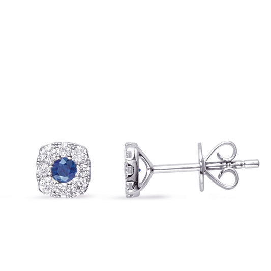 This Earring is available in 14K White Gold. There are a total of 18 stones. There are Rounds with a total carat weight of 0.25 set in a Micro Prong setting.There are Sapphire stones with a total carat weight of 0.23 set in a Micro Prong.